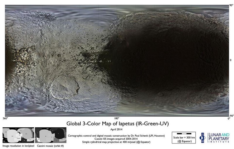 Глобална трицветна карта на Япет изобразява необичайната разлика между светлата и тъмната му част. Credit: NASA/JPL-Caltech/Space Science Institute/Lunar and Planetary Institute.