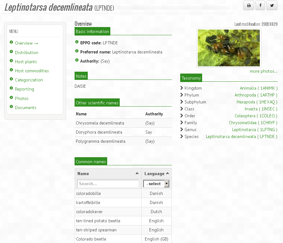 Информация за колорадския бръмбар извеждана от EPPO Global Database