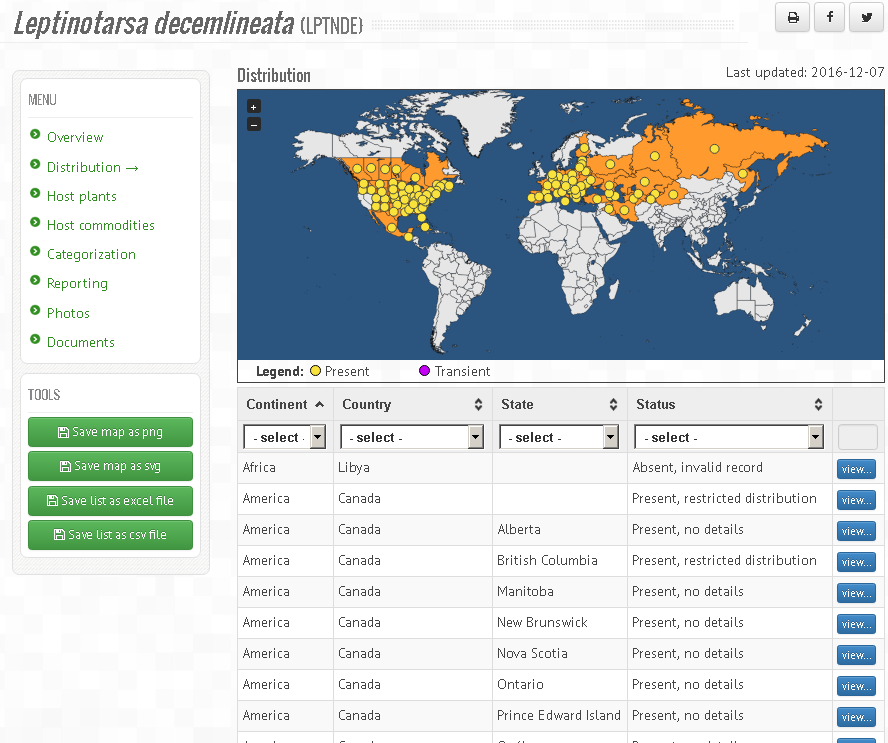 EPPO Global Database – информация за разпространението на колорадския бръмбар по света