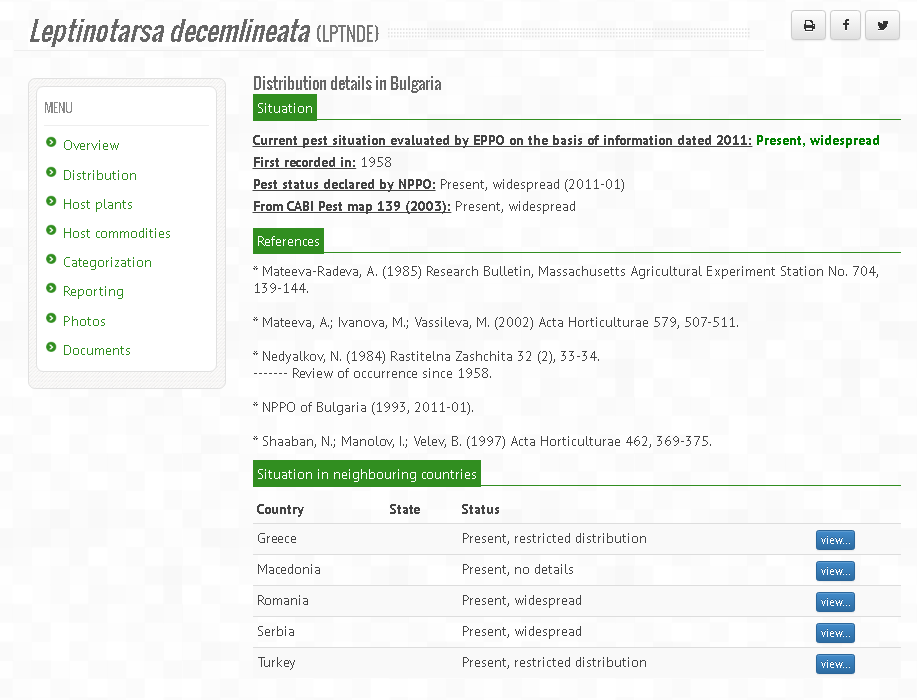 EPPO Global Database – информация за колорадския бръмбар в България