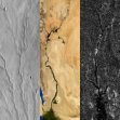 От ляво надясно: речни мрежи на Марс, Земята и Титан. Изследователите съобщават, че Титан, подобно на Марс и за разлика от Земята, не е преминал през активна тектоника на плочите в недалечното си минало. Credit: Benjamin Black/NASA/Visible Earth/JPL/Cassini RADAR team. Adapted from images from NASA Viking, NASA/Visible Earth, and NASA/JPL/Cassini RADAR team