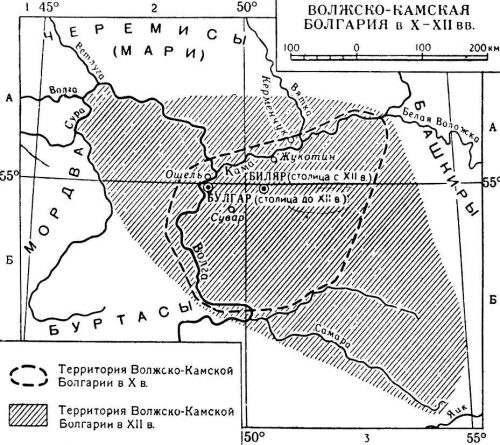 Волжска България. След приемането на исляма и освобождаването от хазарската доминация територията на Волжска България започва да расте и в 13-ти век тя хич не е малка държава (щом си позволява да разбие армията на Чингиз хан). 