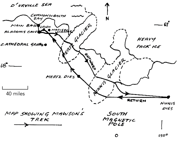 Скица на пътуването на  Моусън, Мерц и Нинис, показваща ледниците, кръстени на двамата починали мъже.