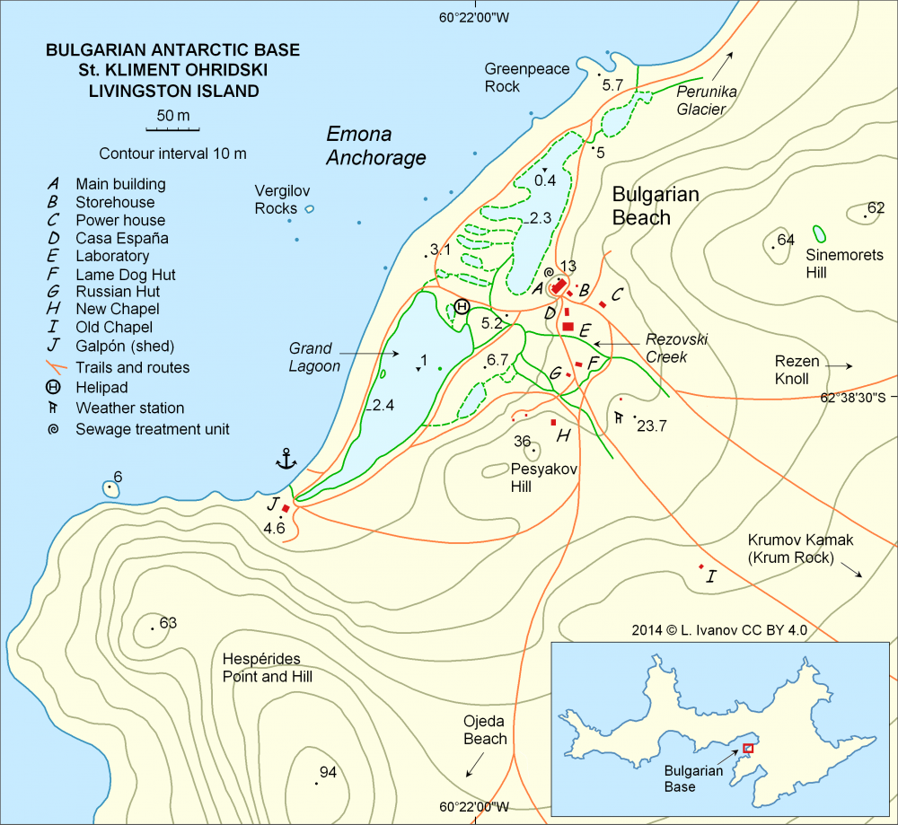 Карта „Bulgarian Antarctic Base St. Kliment Ohridski, Livingston Island” от 2014 г. Автор Любомир Иванов. Карта на съоръженията на българската база и маршрутите в района. Използвана като илюстрация на статии в Уикипедия, както и в изданието Bulgarian Antarctic Research: A Synthesis, eds. C. Pimpirev and N. Chipev, St. Kliment Ohridski University Press, 2015.