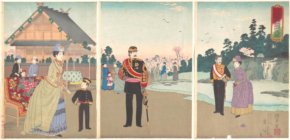 Императорското семейство в храма Ясукуни. Иноуе Ясуджи 1888 г., гравюра
