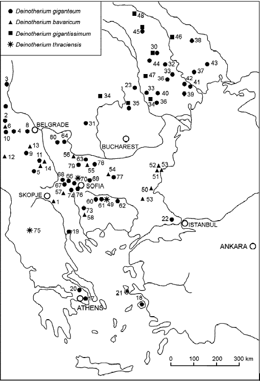 Разпространение на род Deinotherium в югоизточна Европа и Мала Азия (Kovachev, Nikolov, 2006)